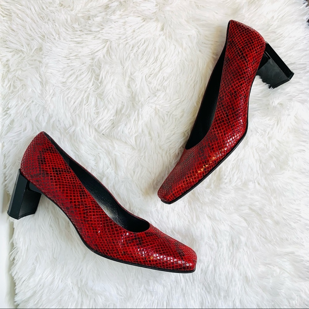 Stuart Weitzman Red Snakeskin Square Toe Block Heels